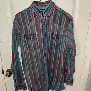 Vintage Wrangler Men's Striped western Denim Shirt - Blue and Pink